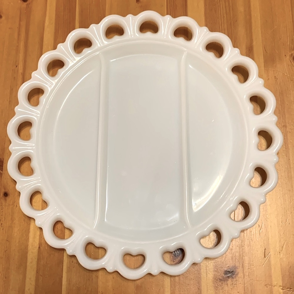 Vintage Milk Glass sectioned platter server, heart trim, EUC